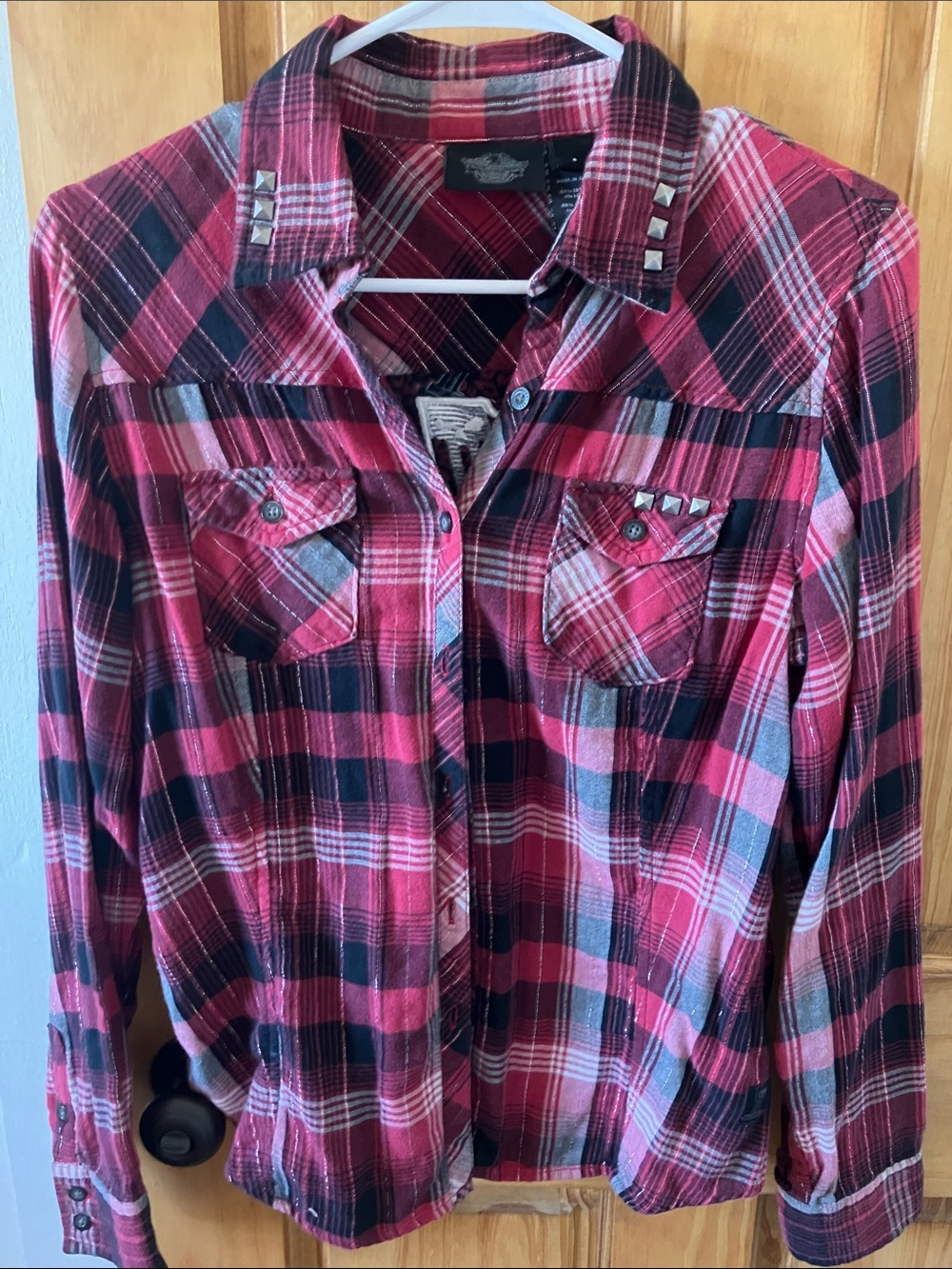 Harley-Davidson Red, Black and White Plaid Studded Button-Up Shirt